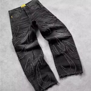 Black Distressed Wide-Leg Relaxed Fit Denim Jeans